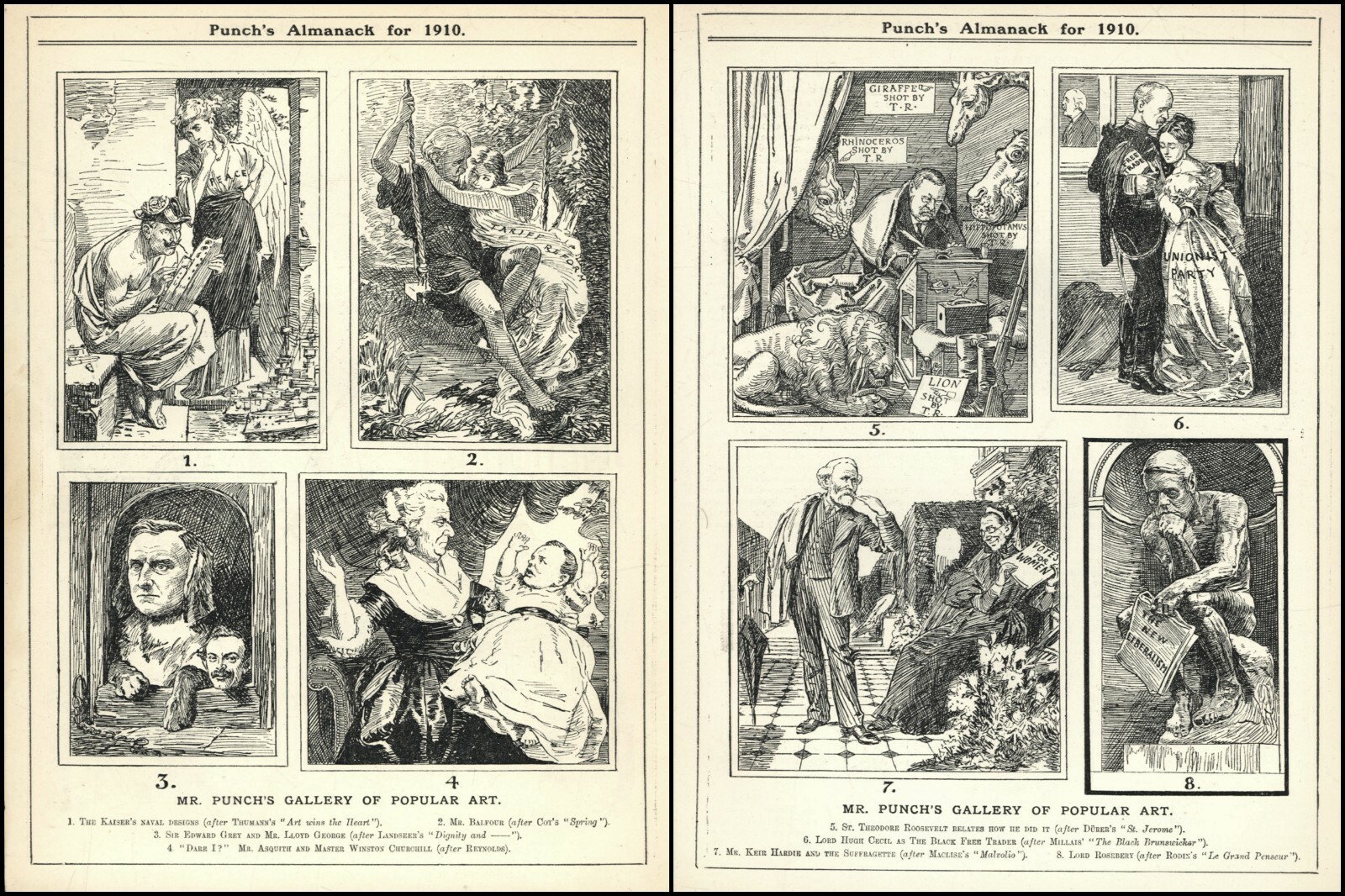 POLITICAL SATIRE CARTOONS – 2-Pages – 1910 PUNCH MAGAZINE [Roosevelt/Churchill]