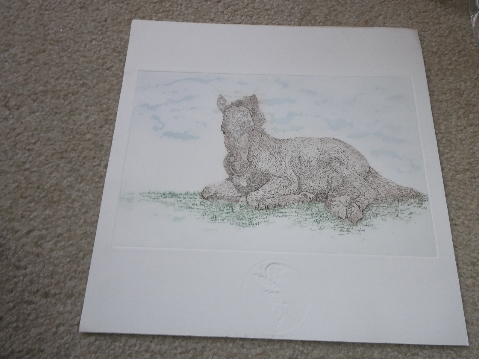 Unique Hand Colored Sitting Horse Woodblock Print 12×12″ Inches