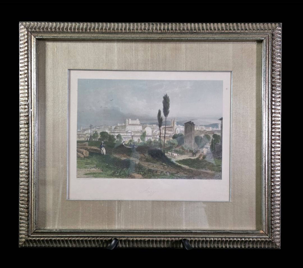 Antique 19thC Hand-Colored Engraving “Arezzo” – Brockedon & Carter – Framed