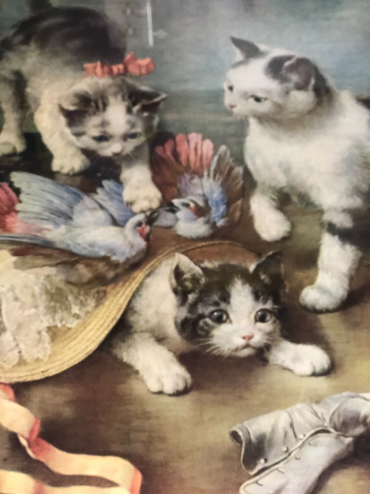 Large Victorian Mischievous Kittens Carl Reichert Lithograph In Gilded Frame