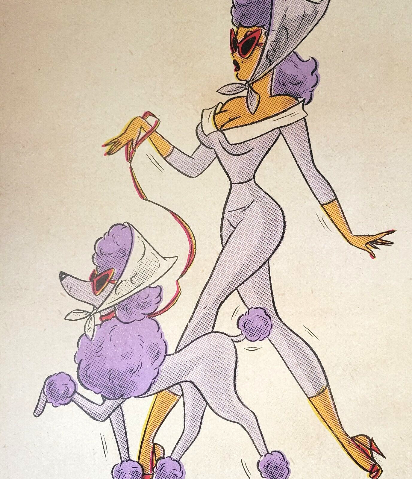 POODLE Purple Dog on Leash with Classy Woman Sveta Shubina Cartoon Pinup PRINT