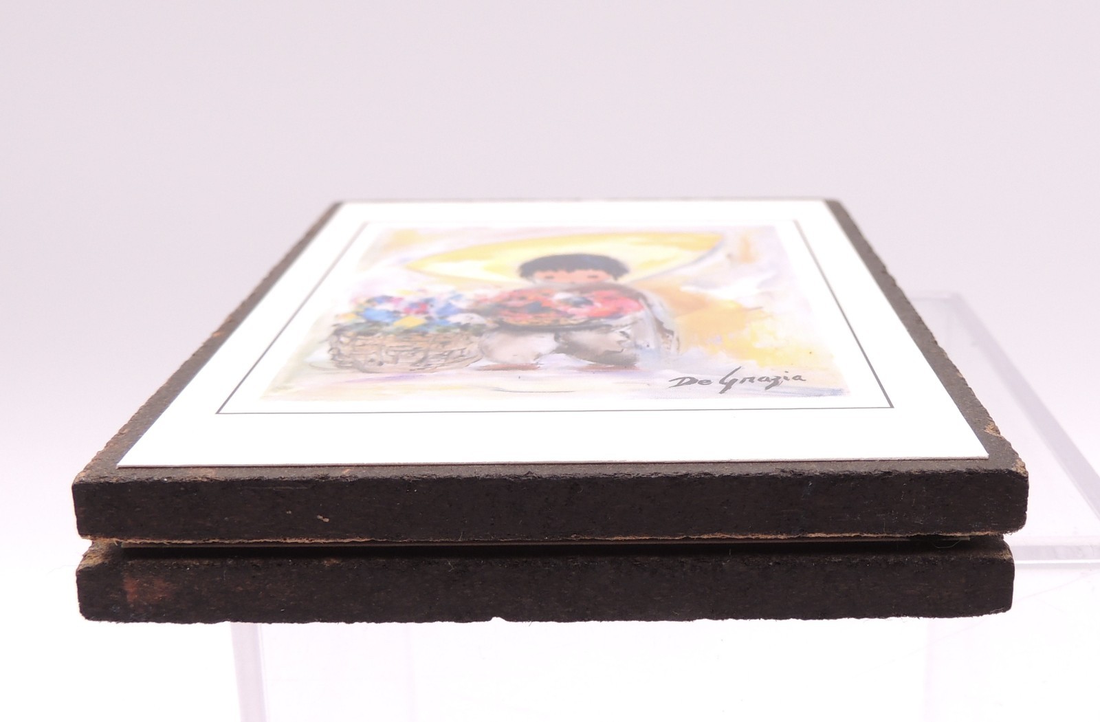 2 Ted De Grazia Print on Wood Plaque Flower Market & Flower Vendor Vintage 1990s