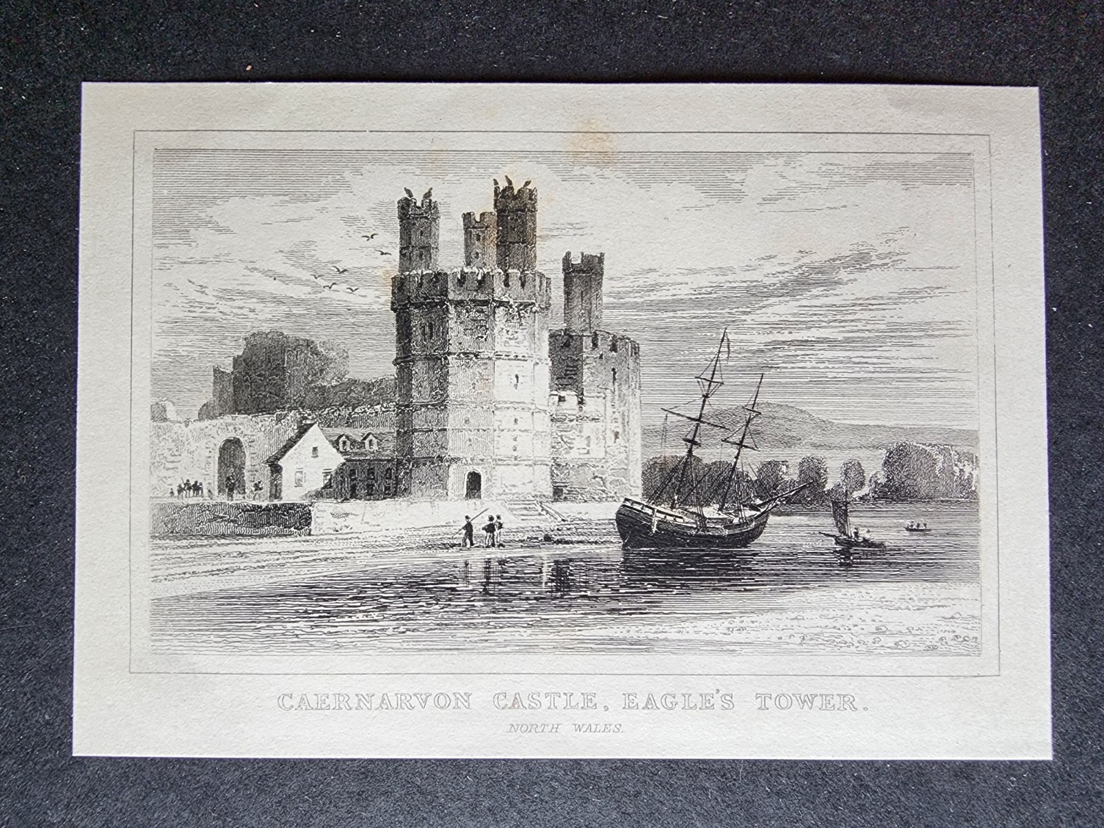 Antique c. 1850 print – Caernarfon Castle – Eagle’s Tower – North Wales