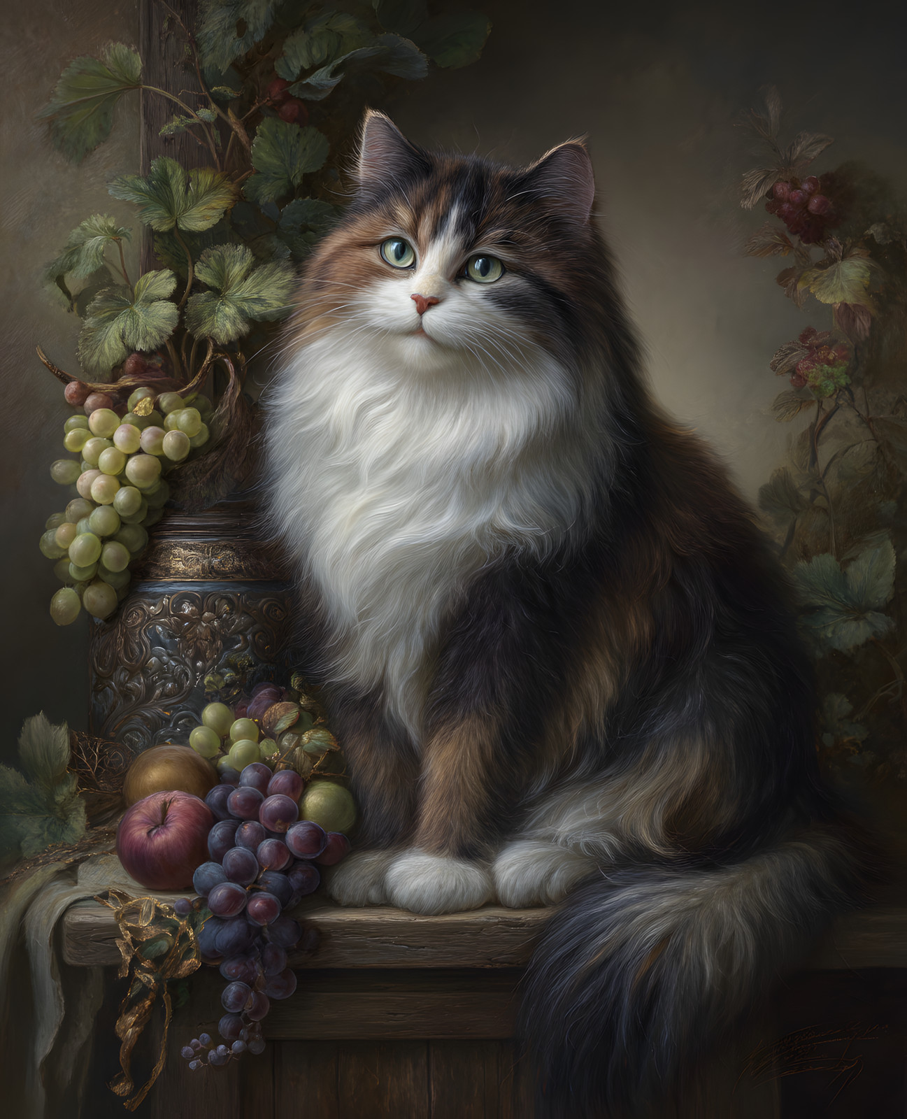 8×10 Cat On Table With Grapes & Grapes Art Print Wall Decor – 640797984