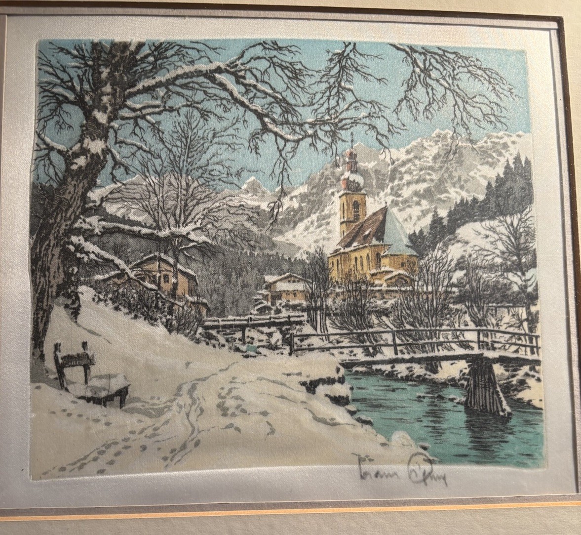 Vintage Signed Hans Figura Print On Silk?Material- Little Church-Frame