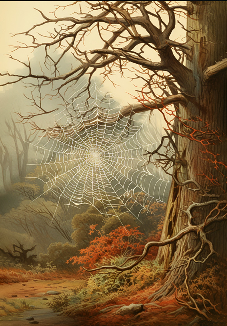 Halloween, Spooky Web in Fall Forest old art 8 x 11