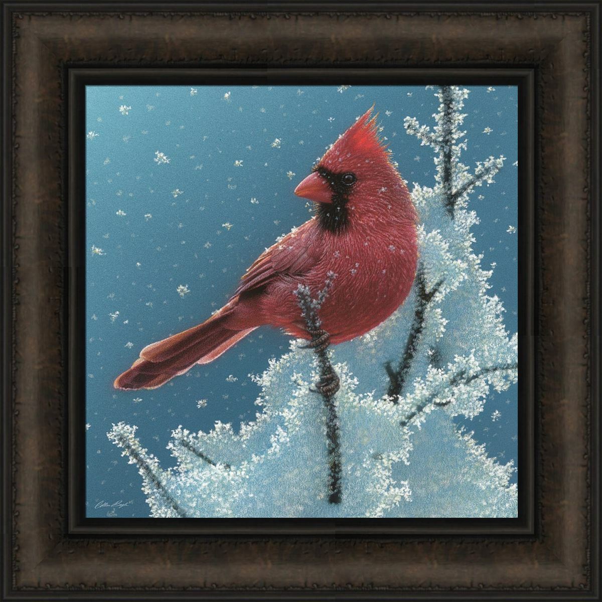 CHERRY ON TOP by Collin Bogle 16×16 FRAMED ART Cardinal Bird Winter Snow Tree