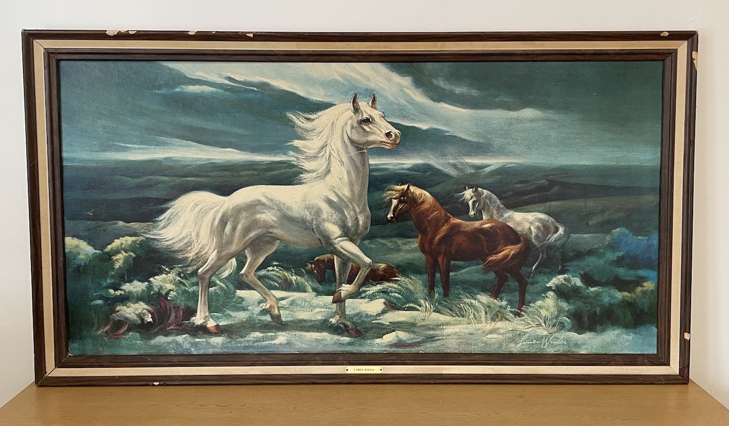 Vintage Lumen Winter White Stallion in the Moonlight Lithograph Framed 52×28 USA