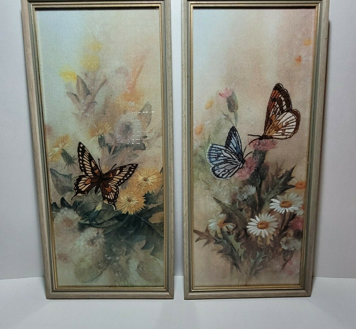 (2) Vintage Framed Handmade Applique Art Butterflies Flowers Leaves Beautiful!