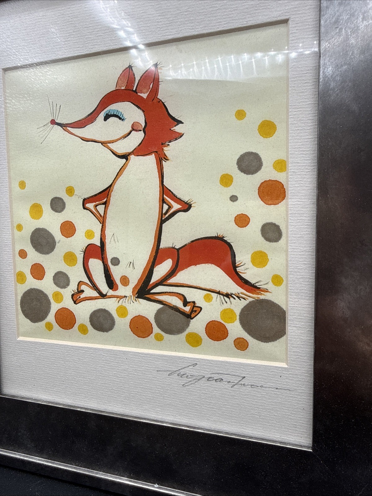 Whimsical Hippo & Fox Framed Watercolors Modernist Dots Kid’s Room Decor 13×11