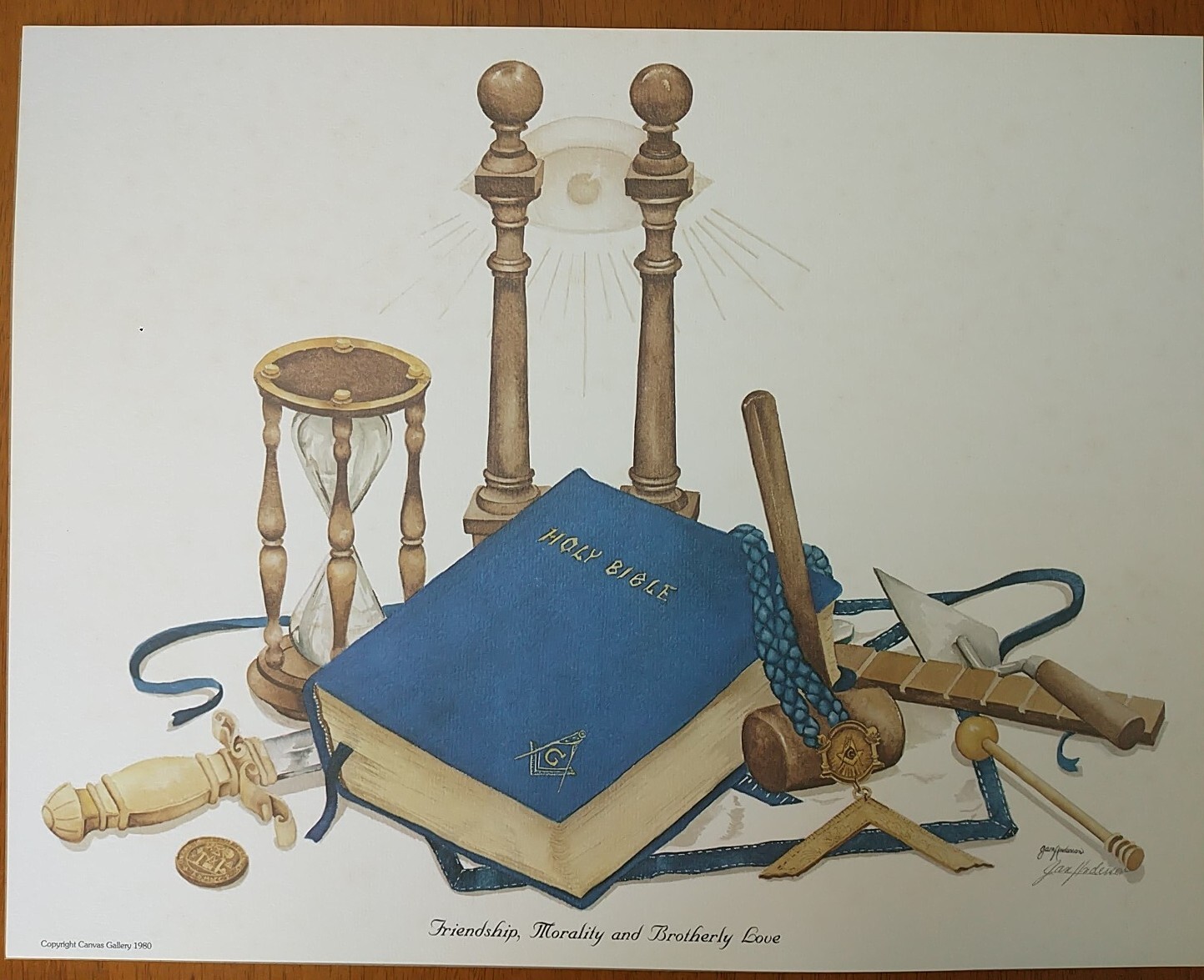 Jan Anderson “Friendship, Morality and Brotherly Love” Signed Print 1980 Masonic