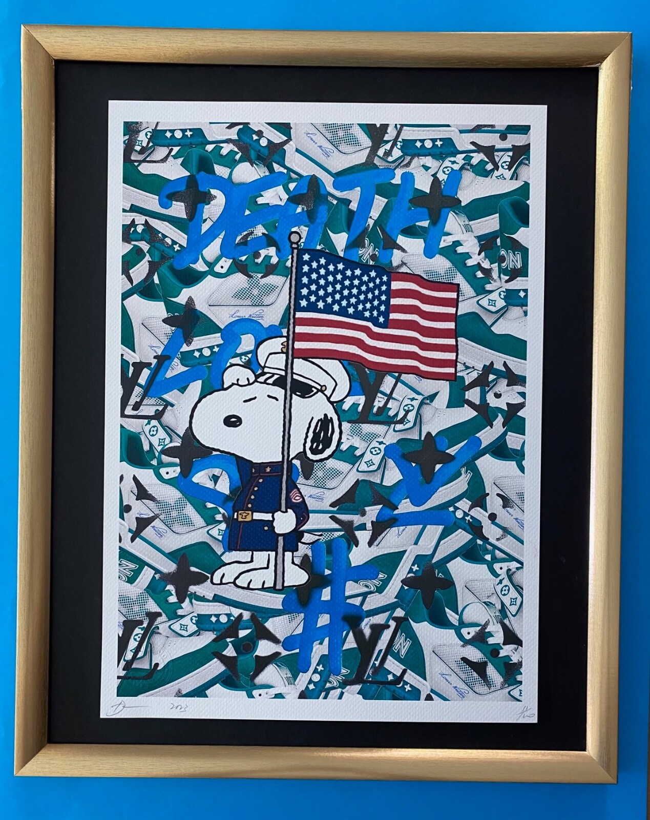 🔥Death NYC Large Framed 16x20in Pop Art Original COA Snoopy Schultz USA Flag
