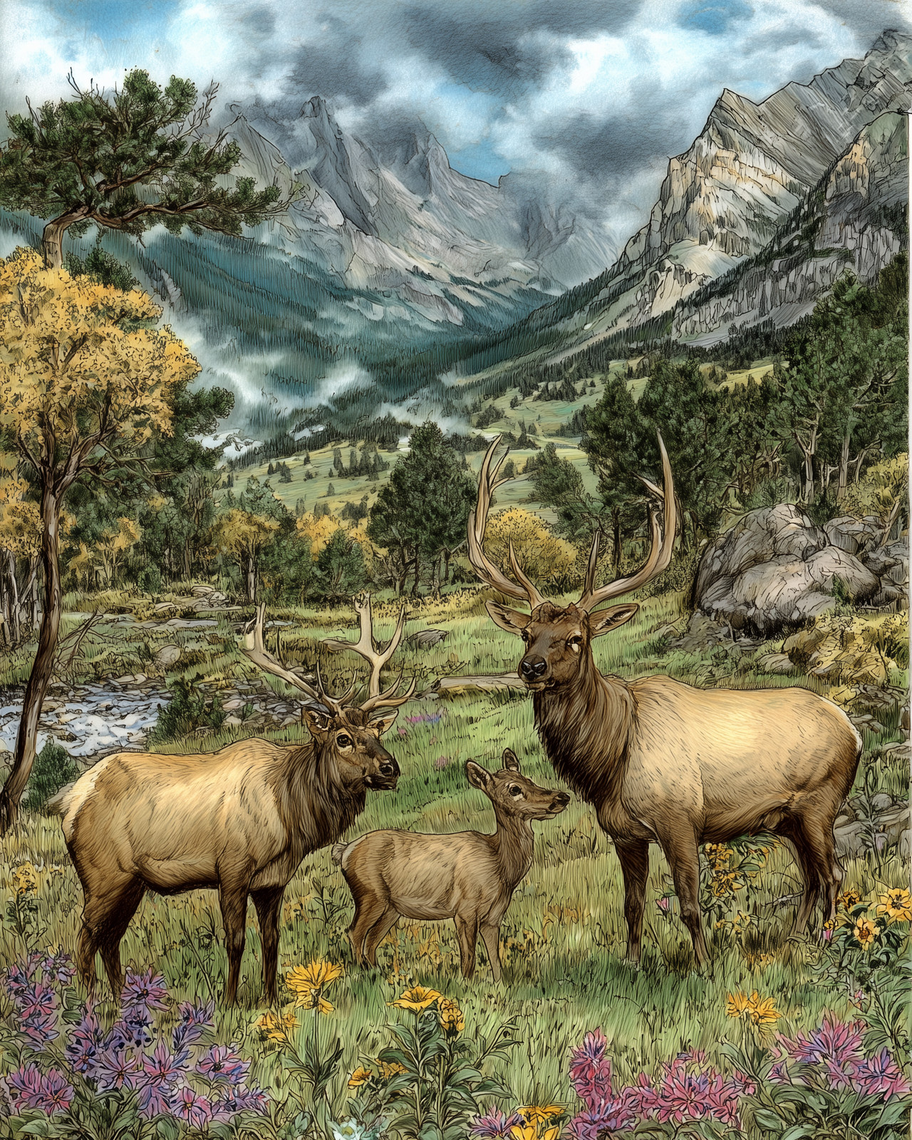 8×10 Elk Family in Mountain Valley Wildlife Art Print – 210451863