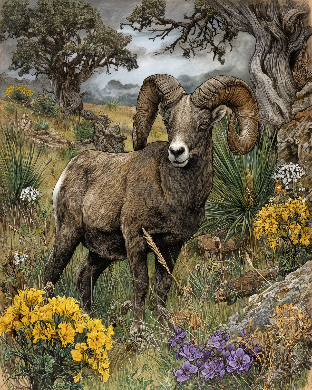 8×10 Bighorn Sheep Ram in Meadow Wildlife Art Print – 572462085