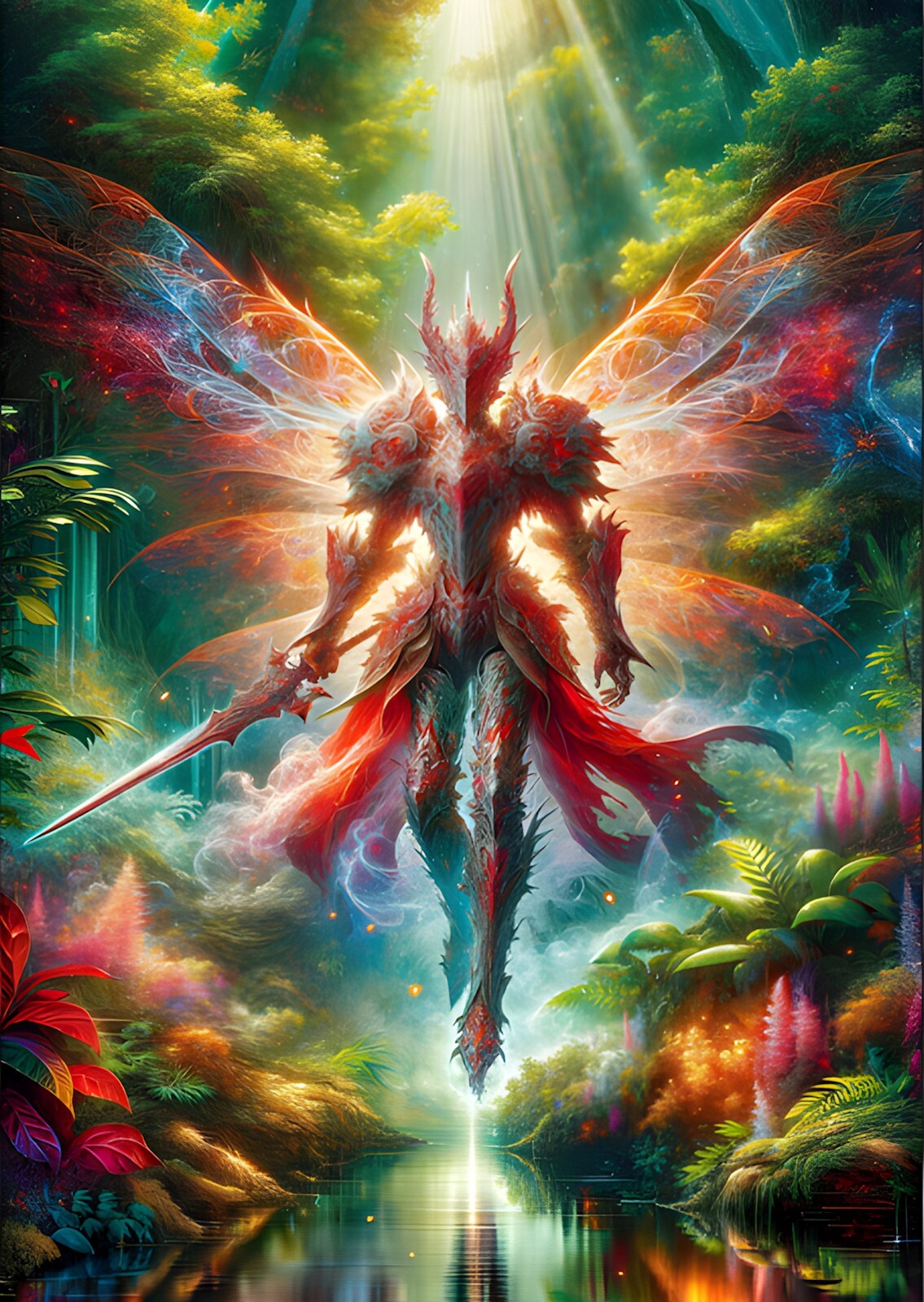 Warrior Fairy with Shiny Red Armor in Fantasy Forest – A3 Size Borderless Print