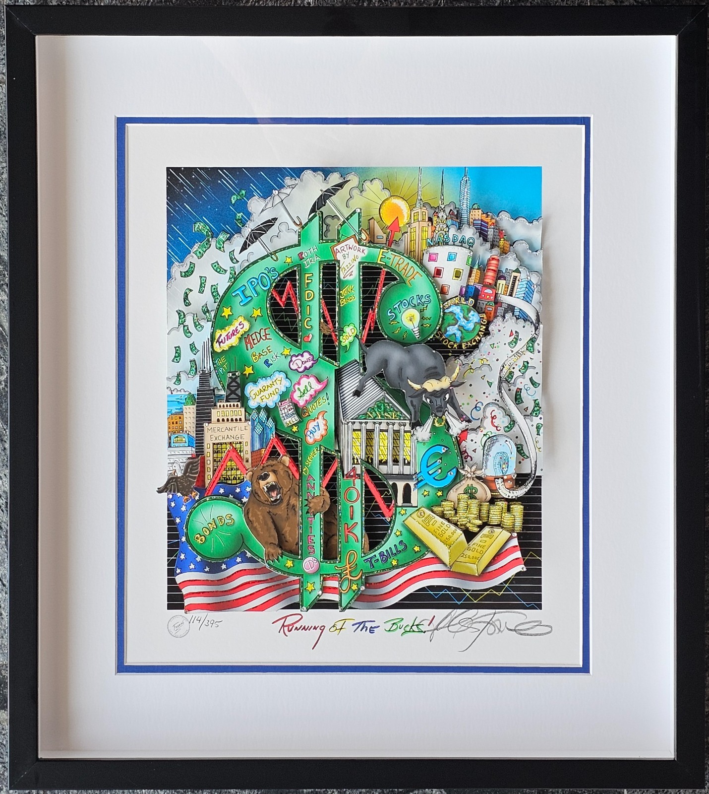 Charles Fazzino Running of the bucks Stock Investor Finance Art 3D HAND SIGNED
