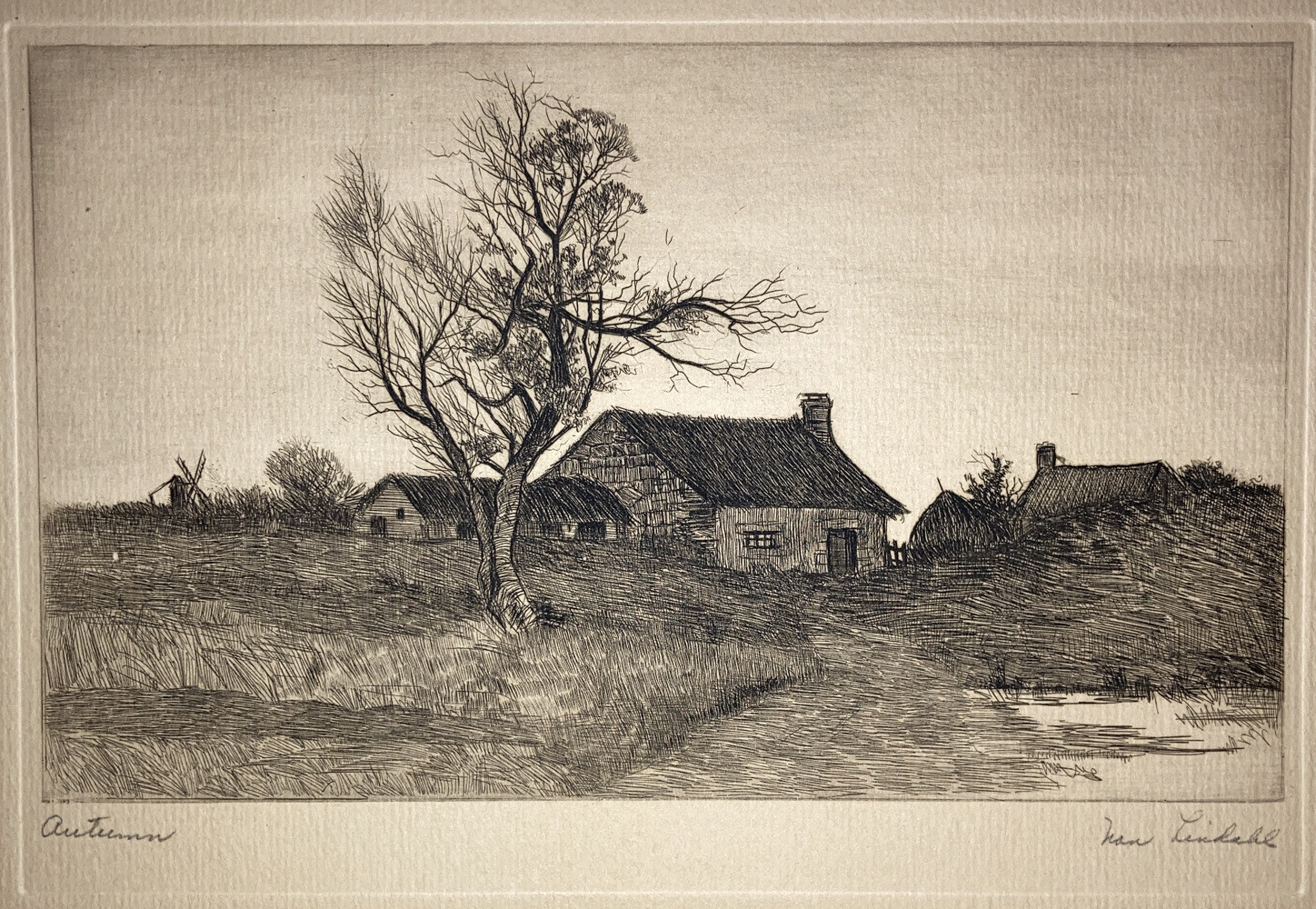 Nan Lindahl American Autumn Houses Country Landscape Etching Pencil Signed