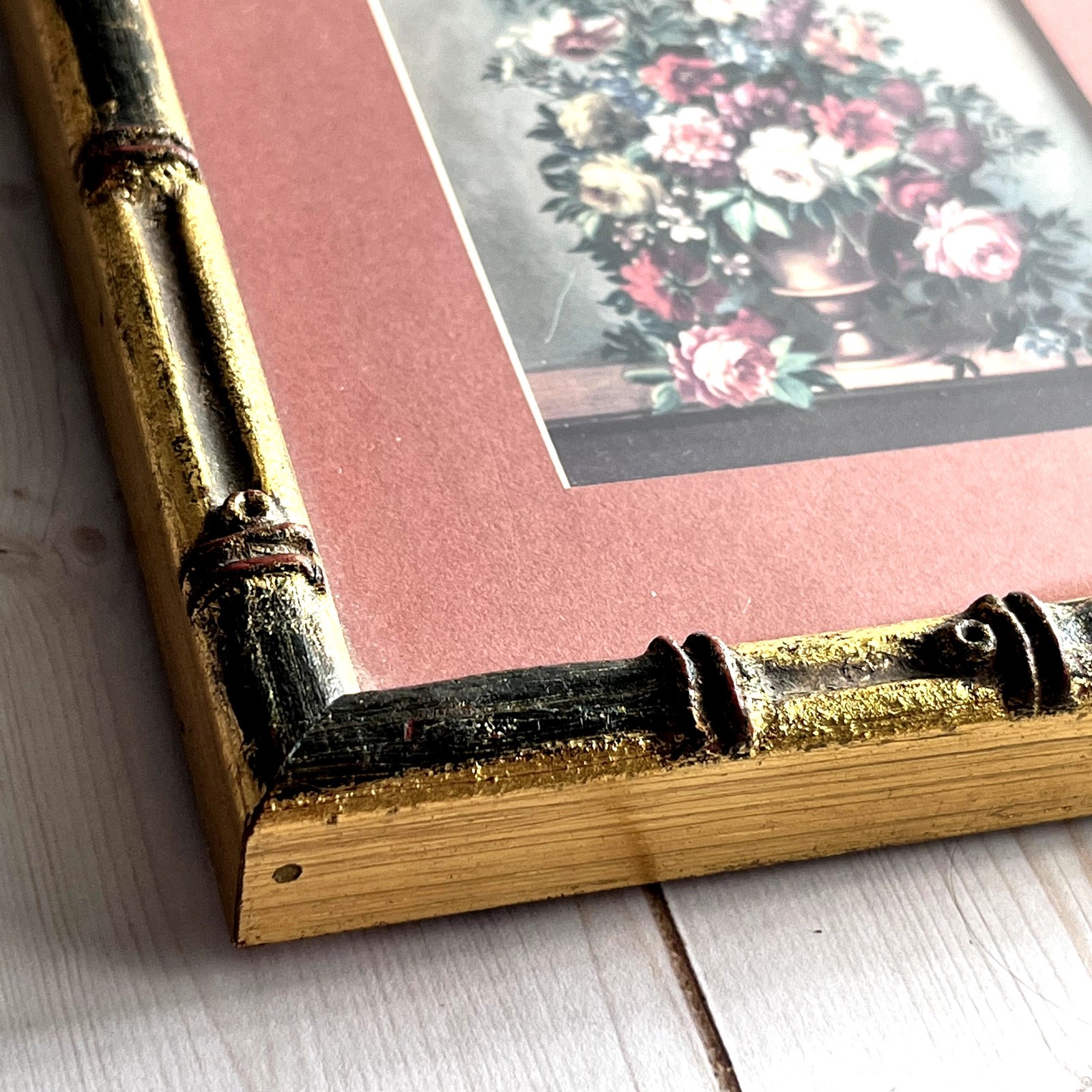 Miniature Vintage Floral Bouquet Print Gold Wood Faux Bamboo Frame 5.25″x6″