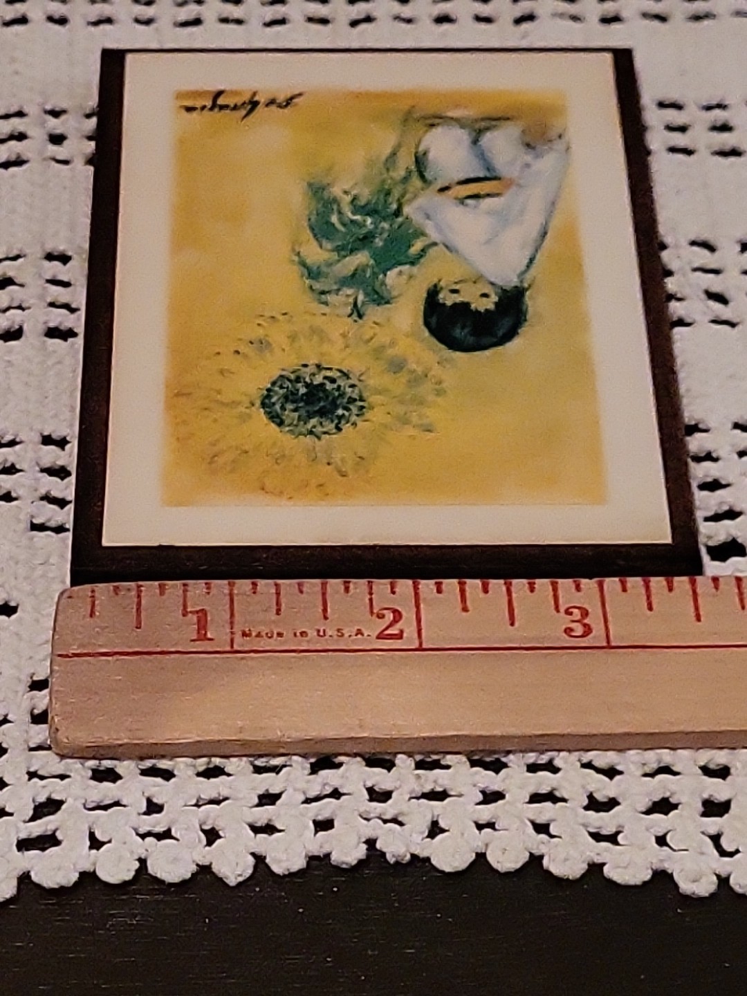 Vtg De Grazia The Sunflower Picture 3.5″x5” Print On Wood Plaque Small Wall Art