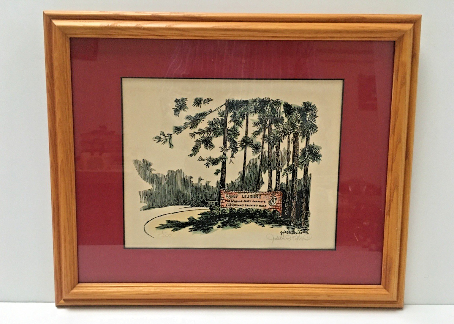 Print 1/500 Camp Lejeune Matted & Framed by Artist Judith Putton 1983 16″ X 13″