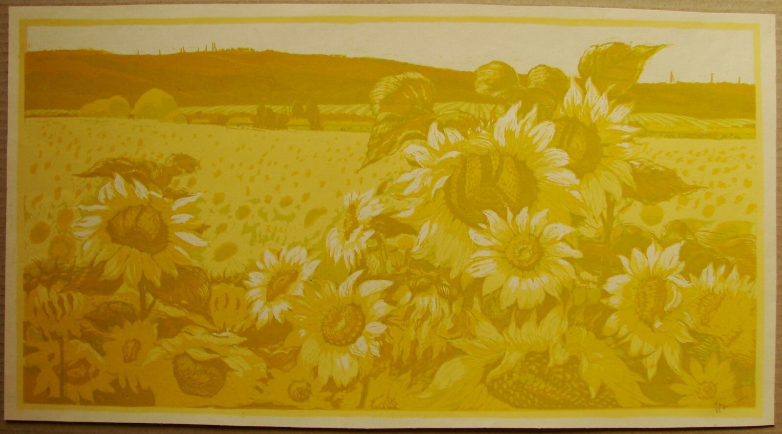 Ukrainian Soviet Linocut engraving symbolism sunflowers landscape fild