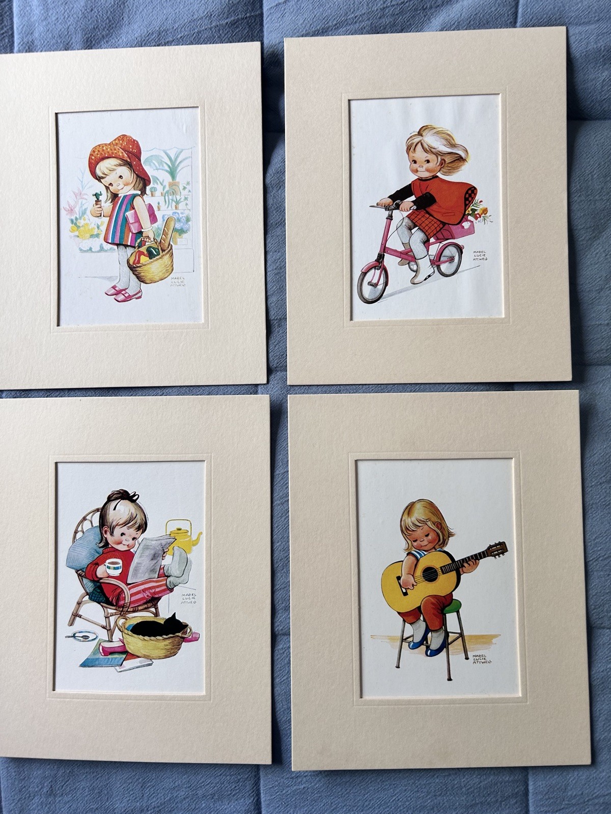 4 Vintage Mabel Lucie Attwell Prints Mounted Nursery Child Illustrations Set