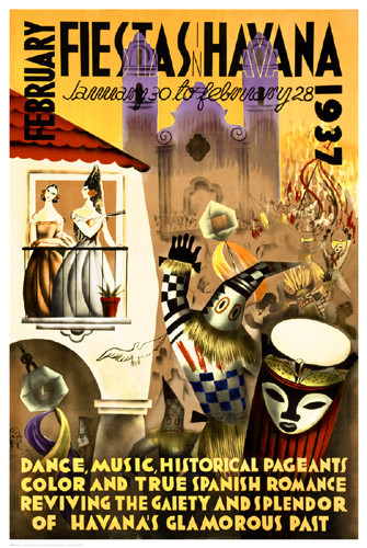 VINTAGE CUBAN ART PRINT February Fiestas in Havana 1937 Travel Cuba 27×18 Poster