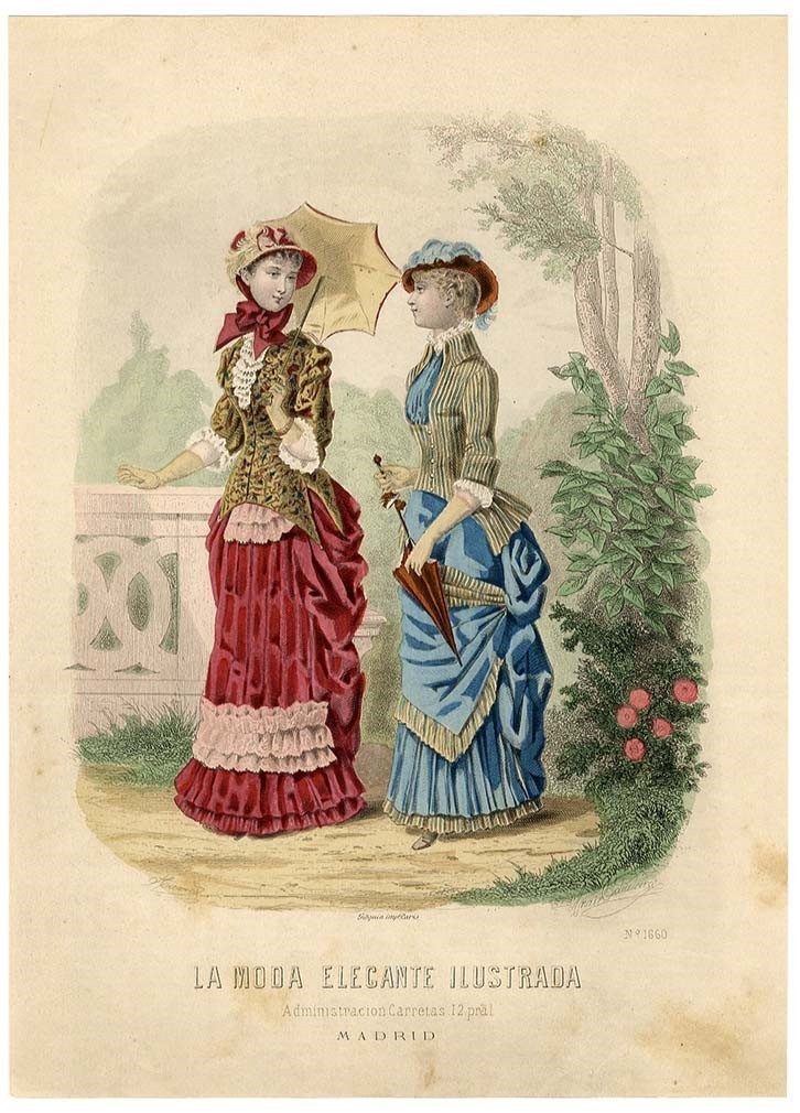 Victorian Large FASHION PRINT 1870-80’s Hand Colored WOMEN WALKING in Park