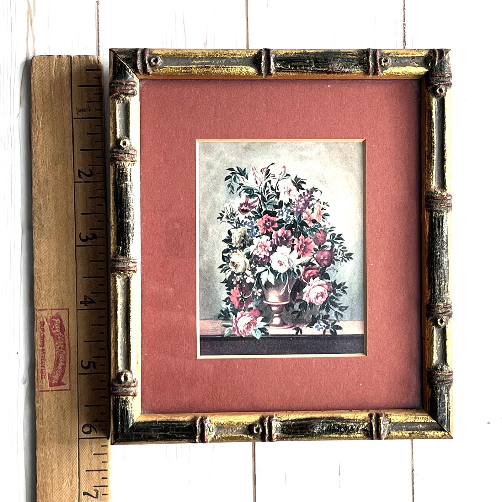 Miniature Vintage Floral Bouquet Print Gold Wood Faux Bamboo Frame 5.25″x6″