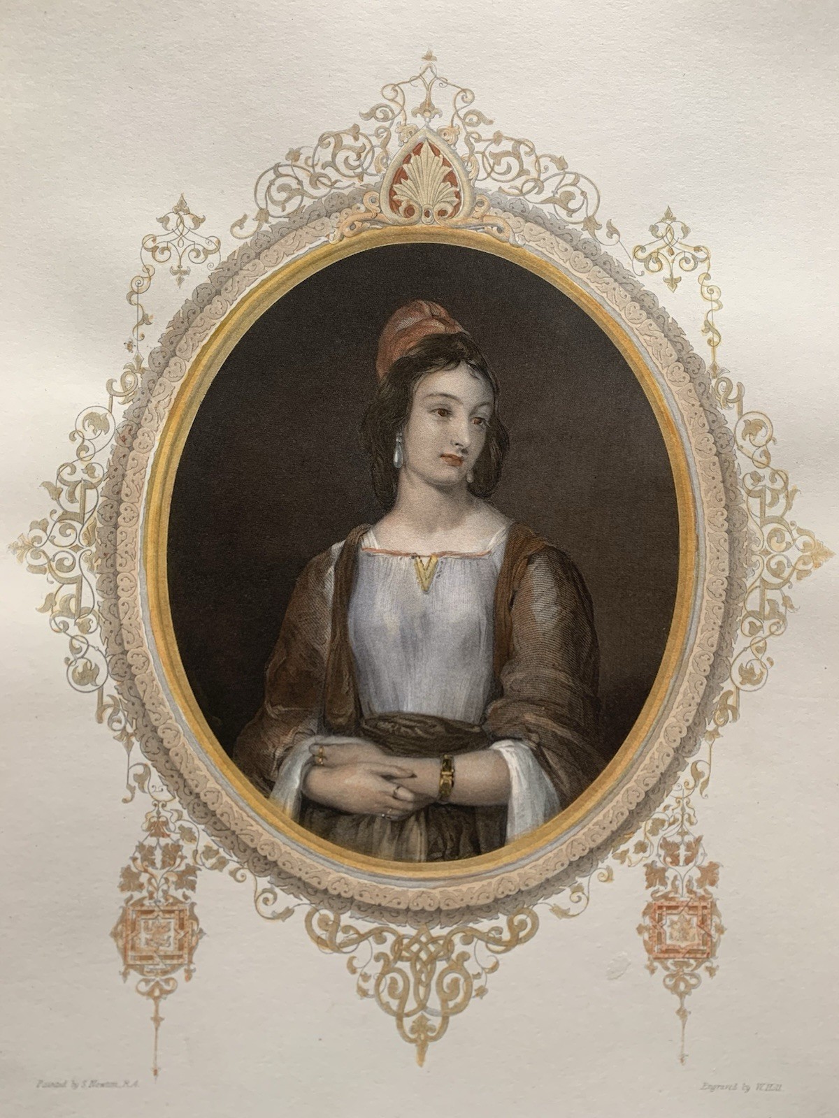 Antique Victorian Romantic Poetry Engraving The Grecian Maid Hand Coloured c1853