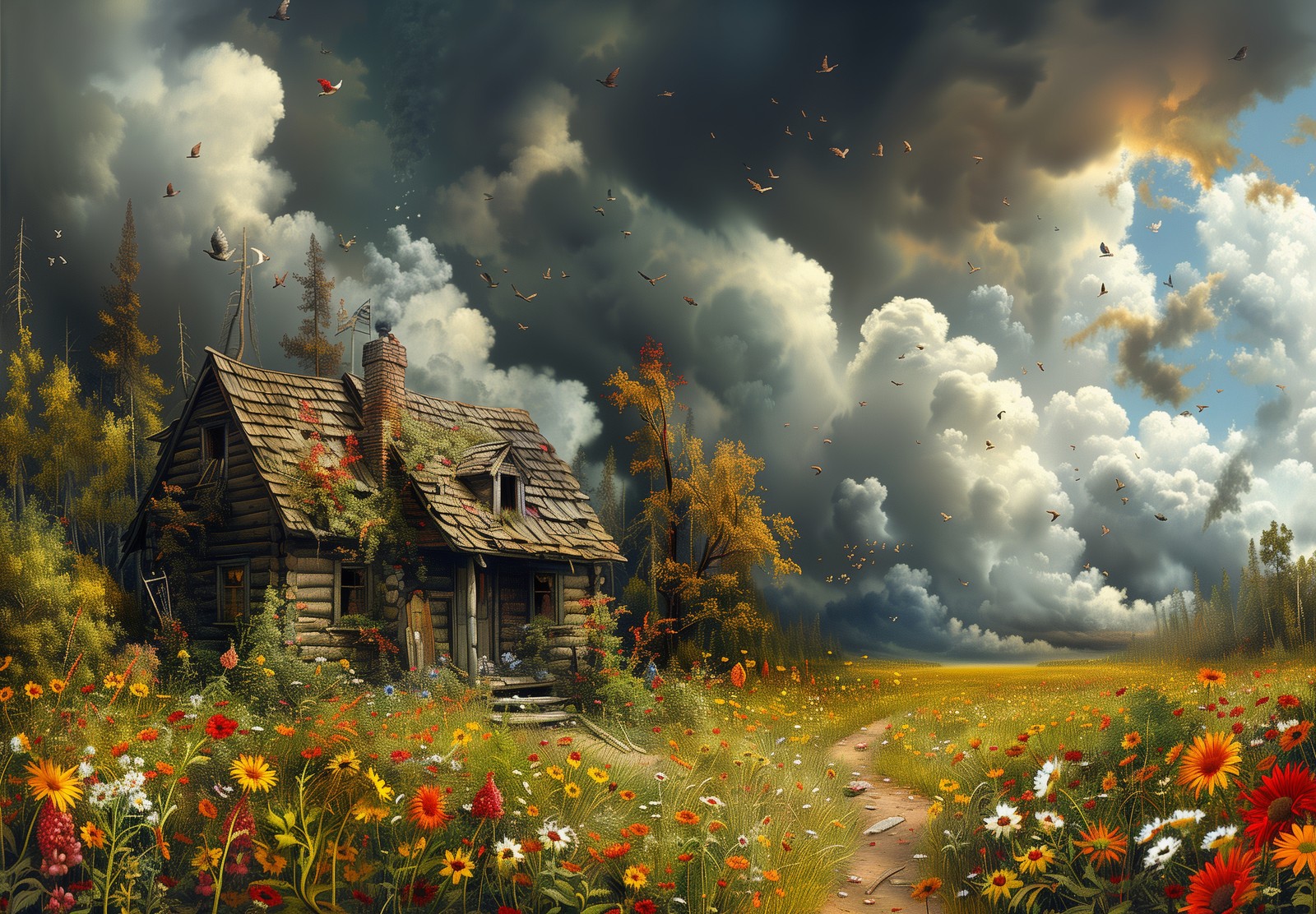 8×10 Art Print Field Flowers House Path – 31396745