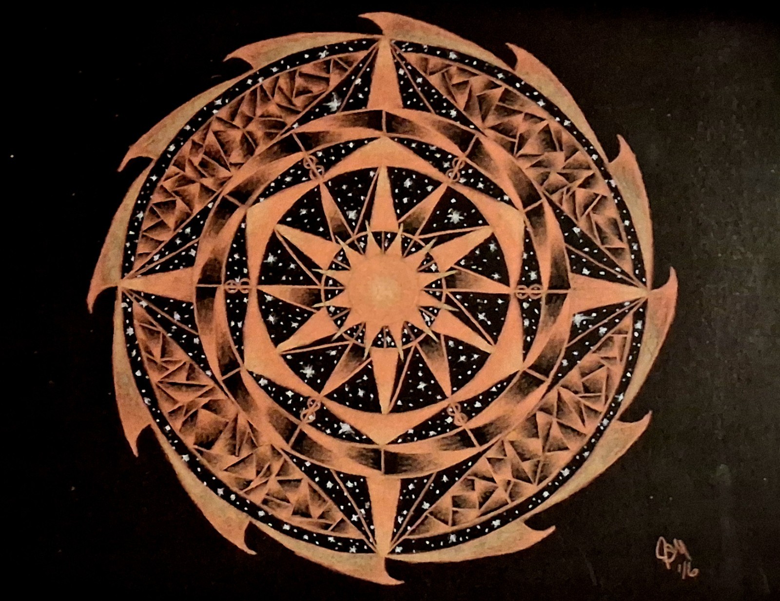 Orange Sacred Geometry Mandala Art Print – Cosmic Wall Decor 11×8 1/2in