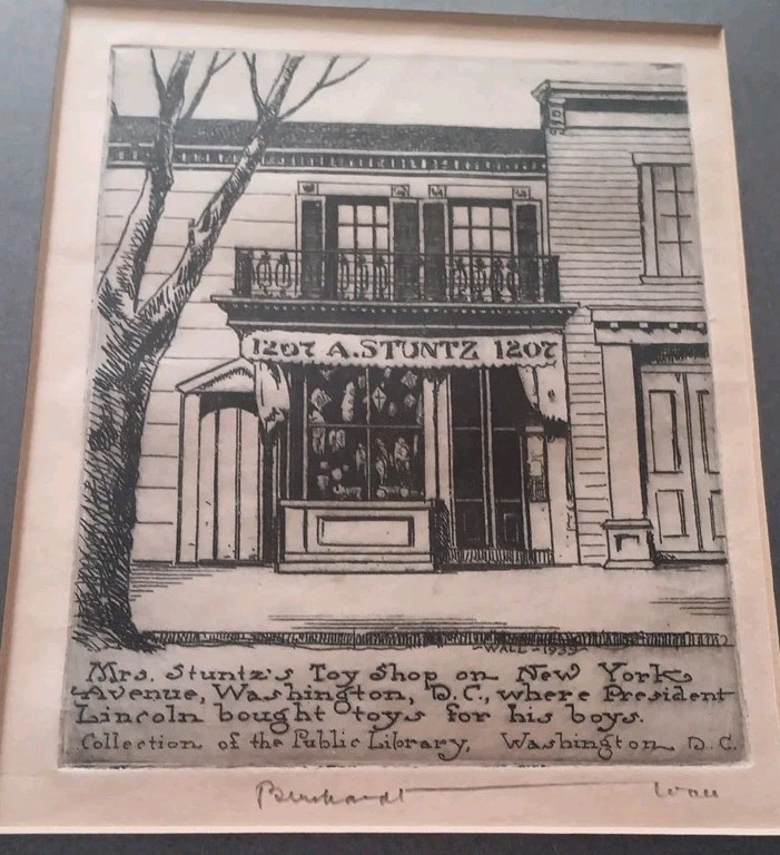 Abraham Lincoln TOY STORE Woodcut SIGNED by BURKHARDT in FRAME