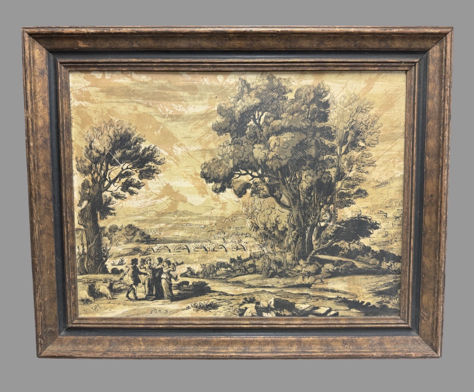 Antique Sepia Landscape Print Framed Rustic Country Scene Vintage Wall Art
