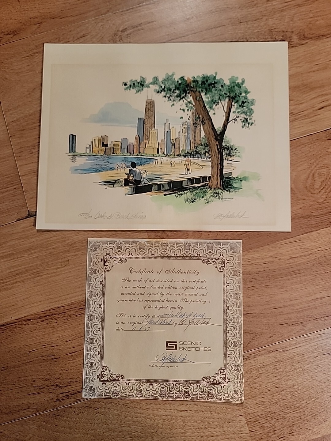 Al Hollenbeck Hand Colored Print Artist Signed Chicago Oak St Beach skyline