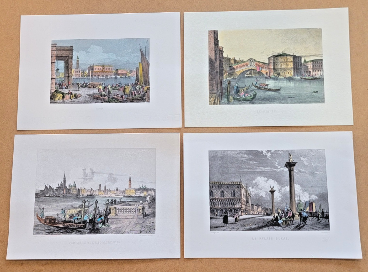 Prints Sketched Colored Lot of 4, European River Scenes, Orig. Plastic Slvs