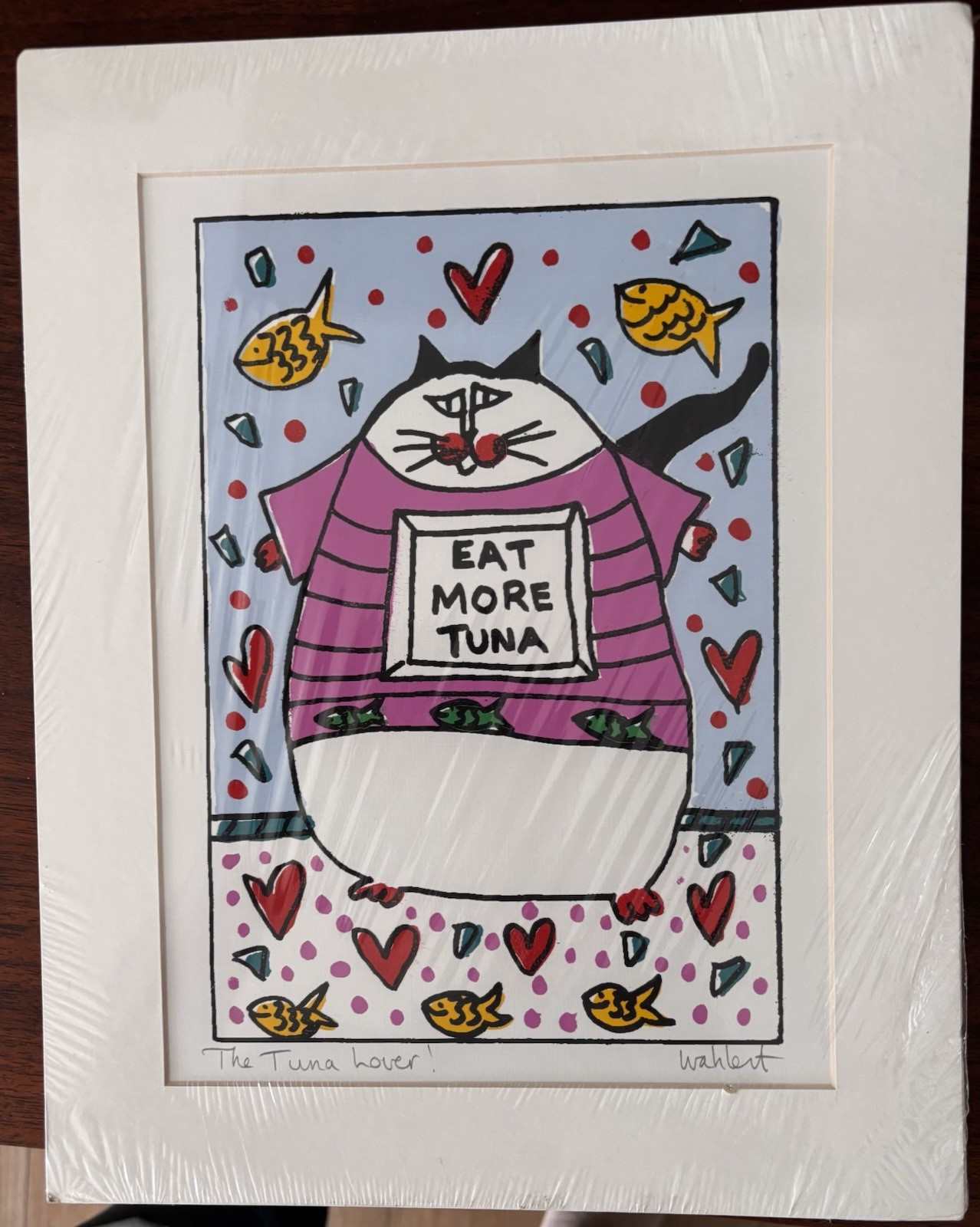 MARTHA WAHLERT CAT ART PRINT SIGNED “THE TUNA LOVER” HAND PAINTED FRAME