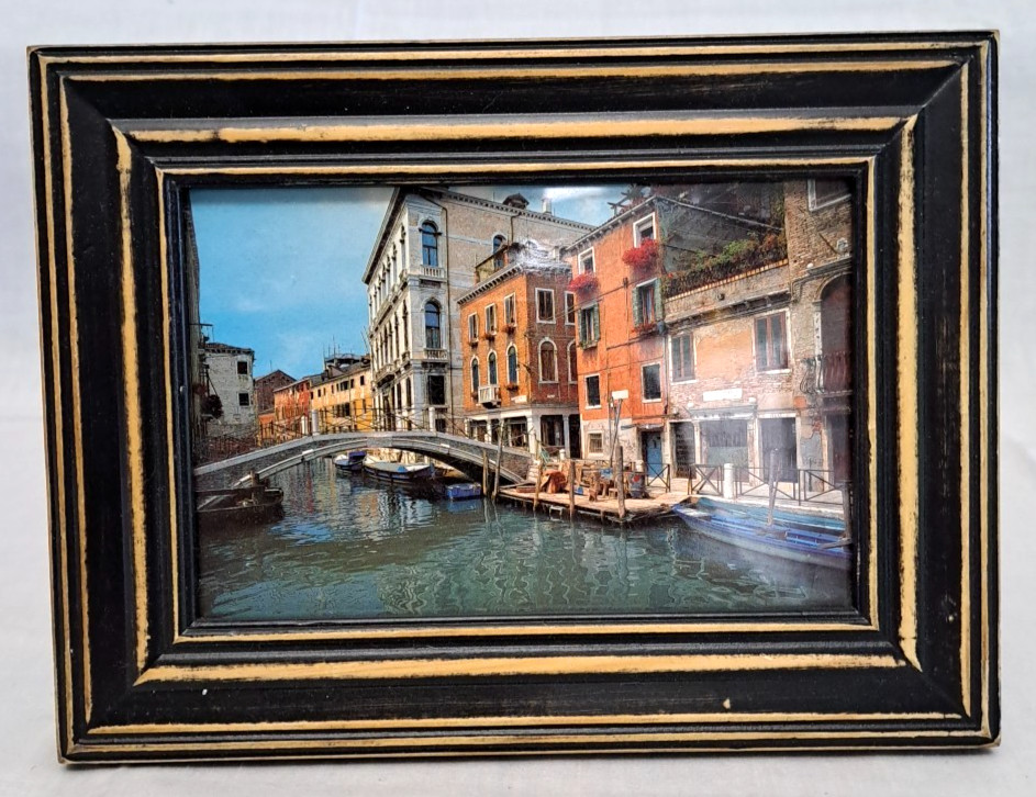 VTG Distressed Framed Hand Tinted litho “Canal With Reflections” Venice, Italy