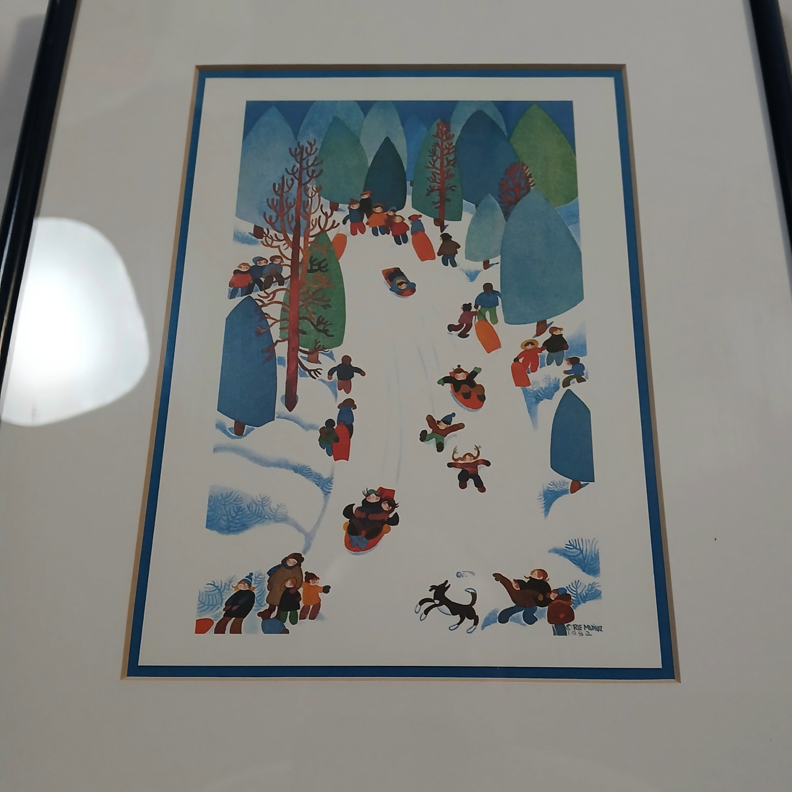 Rie Munoz Evergreen Bowl Art Print Frame 11×9 Juneau Alaska Winter Sledding 1982