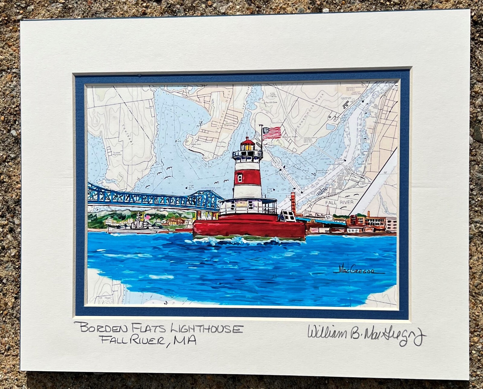 BORDEN FLATS LIGHTHOUSE art print Fall River MA Harbor Battleship Cove map gift