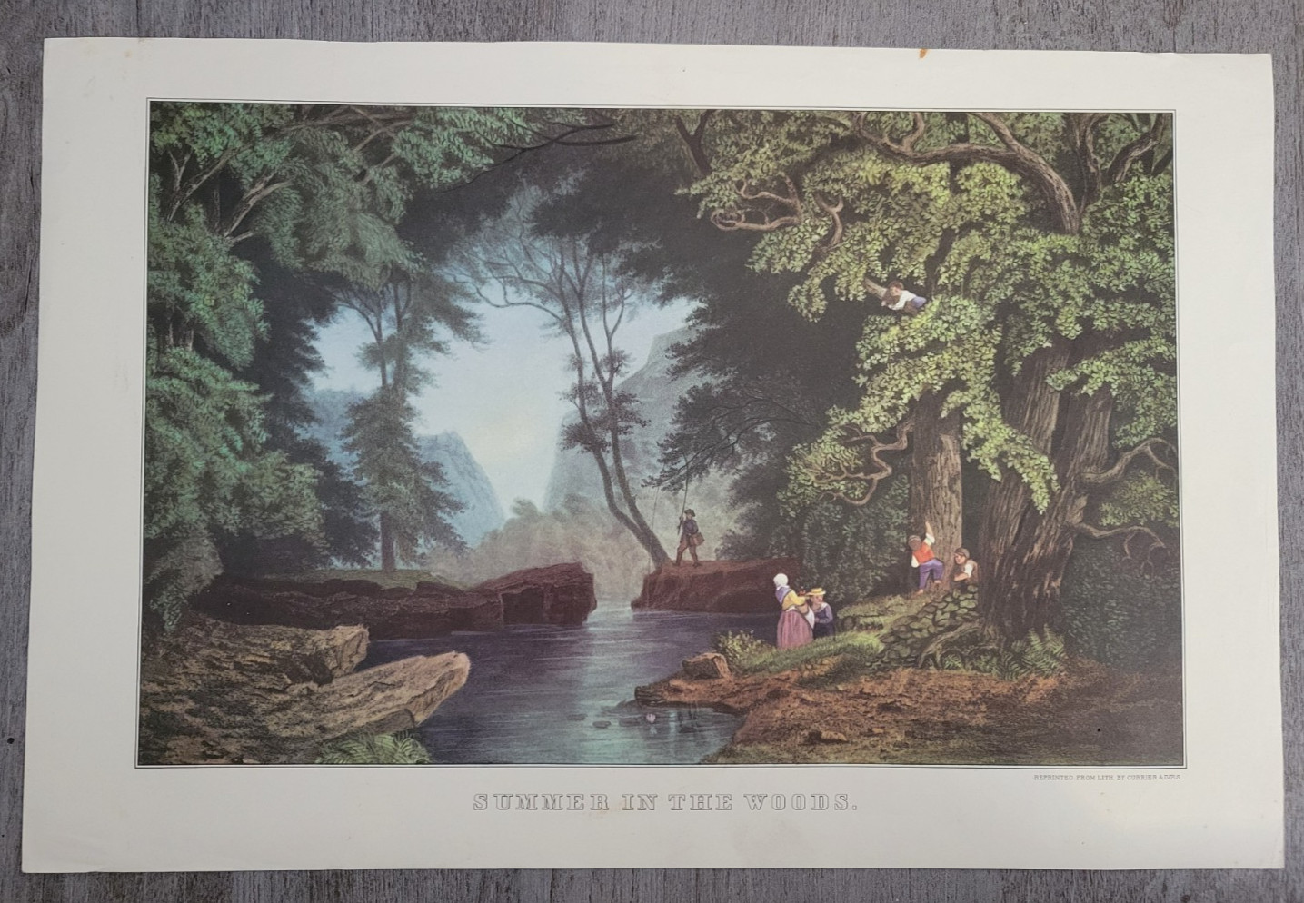 SUMMER IN THE WOODS FOREST SCENE & FAMILY Currier & Ives 12×16 Calendar Print