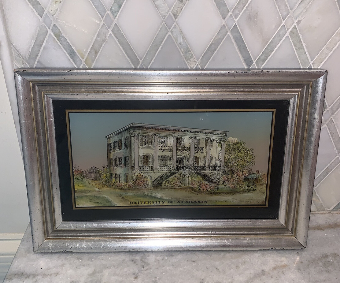 Vtg University Of Alabama Reverse Painted Glass Architectural Framed ‪9.5”x14.5”