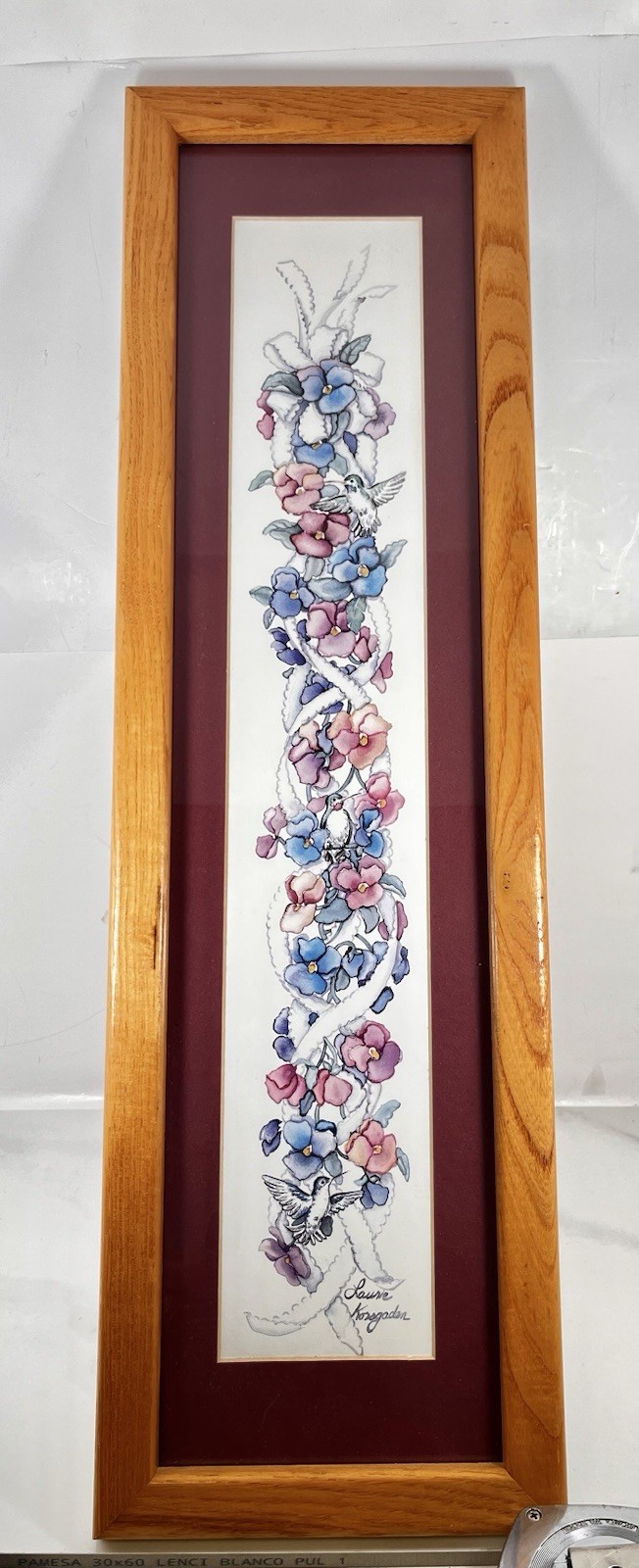 Vintage Laurie Korsgaden Framed Print, Hummingbirds & Flowers 1980’s 25.5”X 7.5”