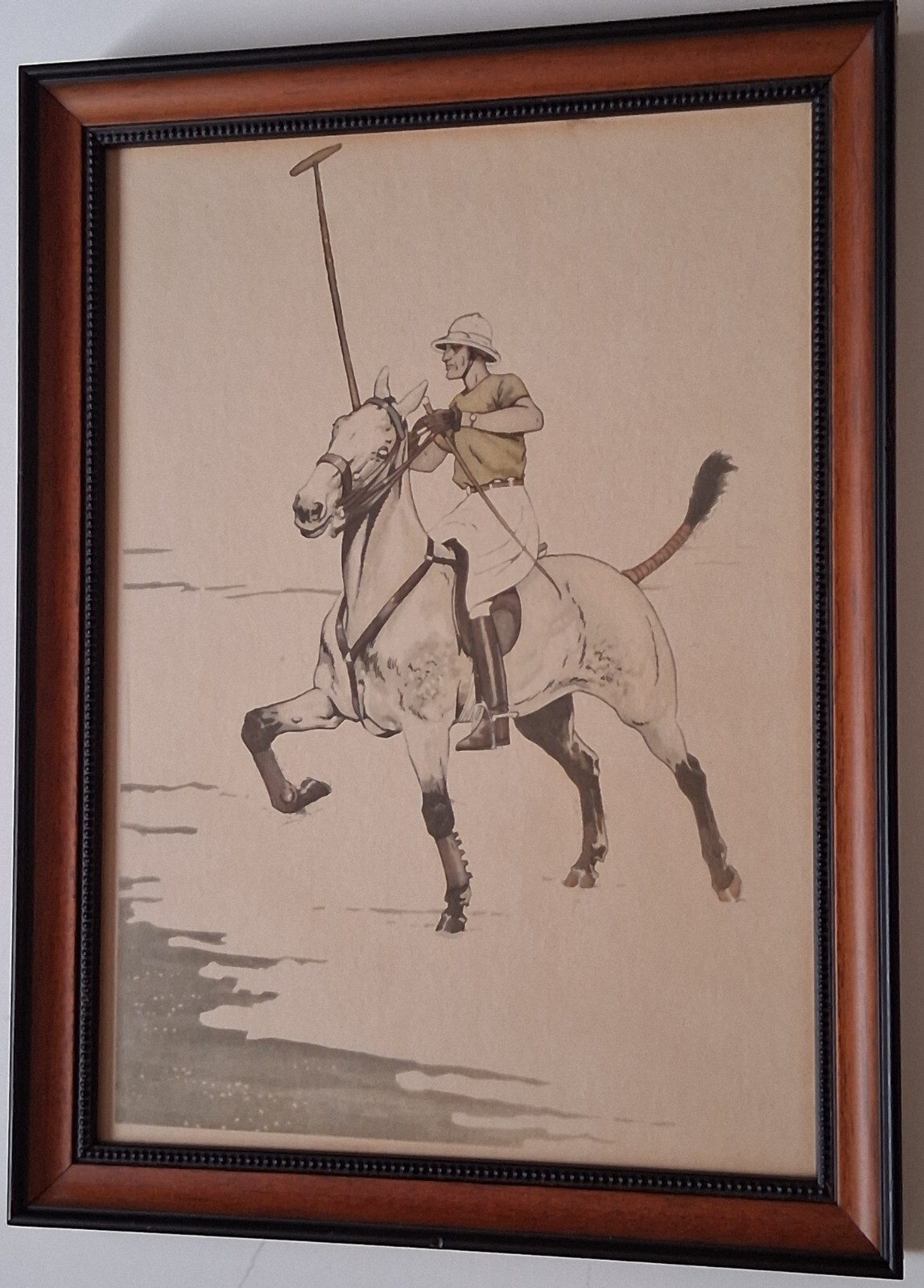 1940s POLO Color Collotype, Framed, White Polo Pony, Costumed Rider with Mallet