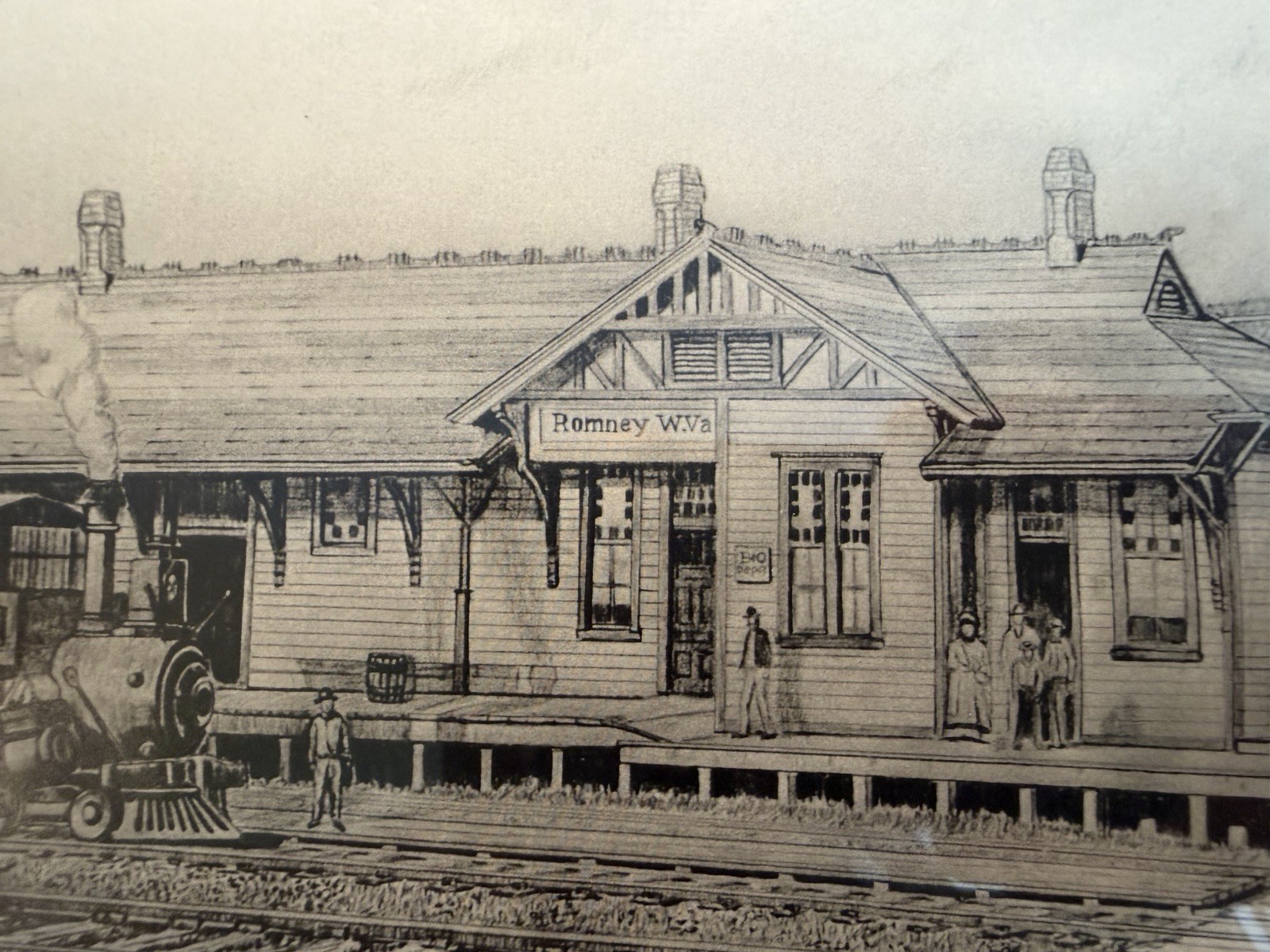 VINTAGE G.D. Sansom Romney WV Train Station Depot Art Print Signed 12×15 Framed