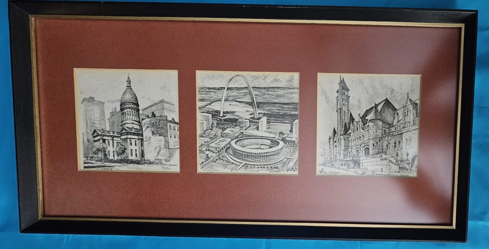 Vintage Roscoe Misselhorn St. Louis Landmarks Framed Triptych Prints Pencil