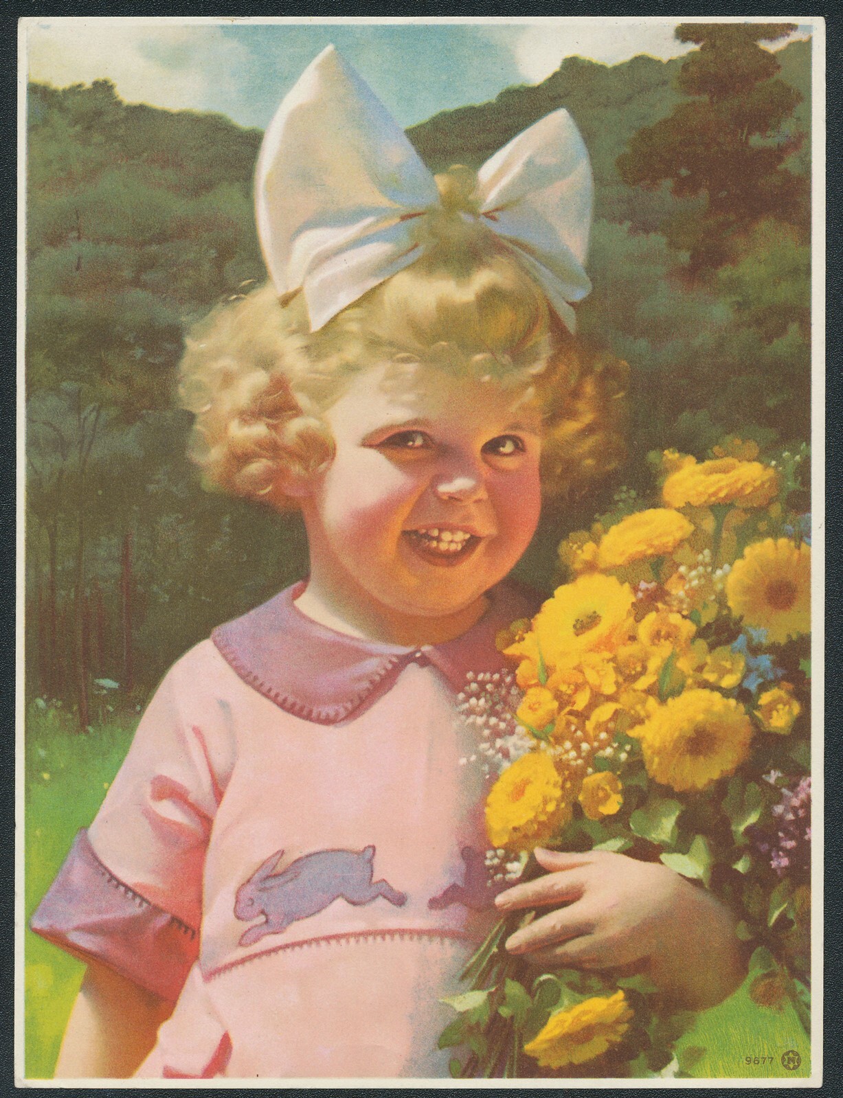 1910-40’s CHILD FLOWERS RABBIT BLOUSE ART PRINT 6″ x 8 1/4″ #9677
