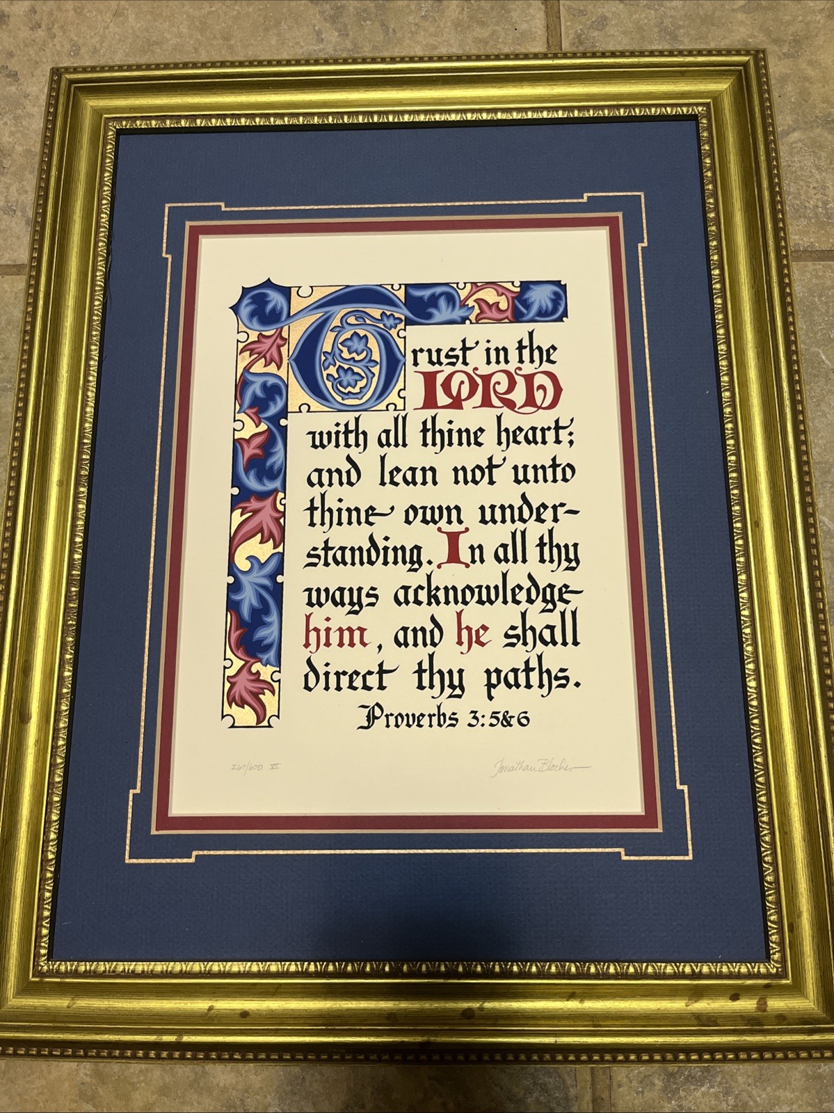 Jonathan Blocher S/N Proverbs 3: 5-6. Bible Illuminated Framed Manuscript Art