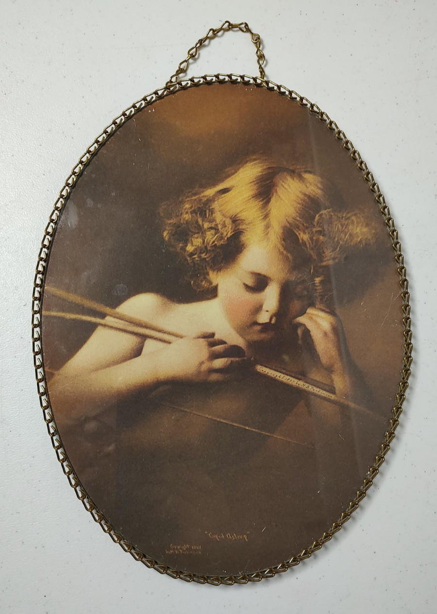 Framed Glass Covered 1897 Parkinson Cupid Asleep Picture with Chain Frame 11 X 8