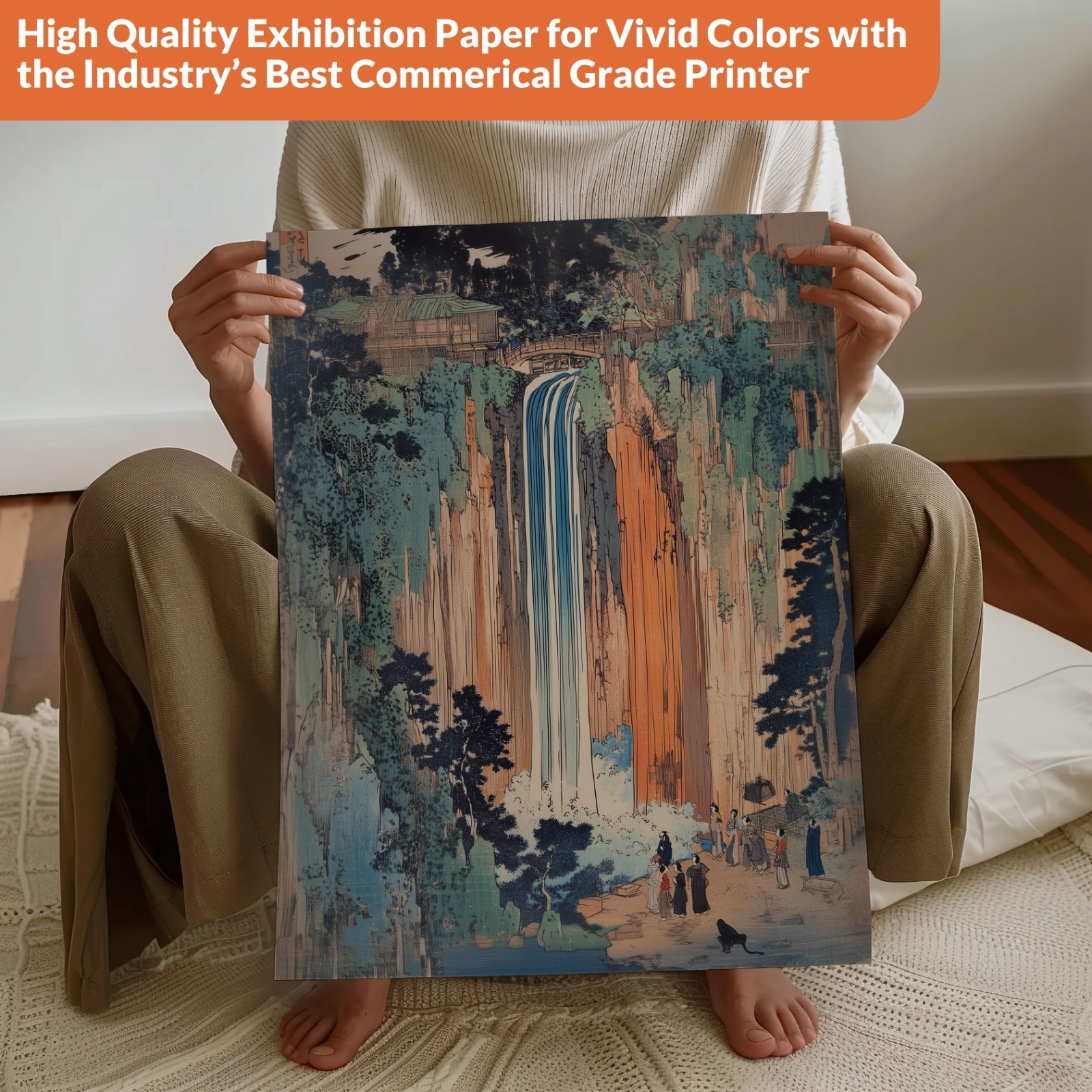 Traditional Hokusai Japanese Blue Orange Waterfall Fine Art Print